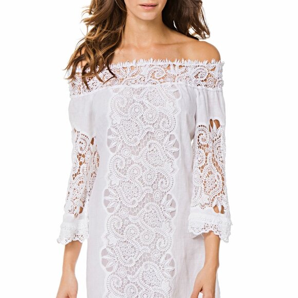 Temptation Positano White Crochet Lace Off-Shoulder Trani Linen Dress Tunic Sm - Picture 4 of 14